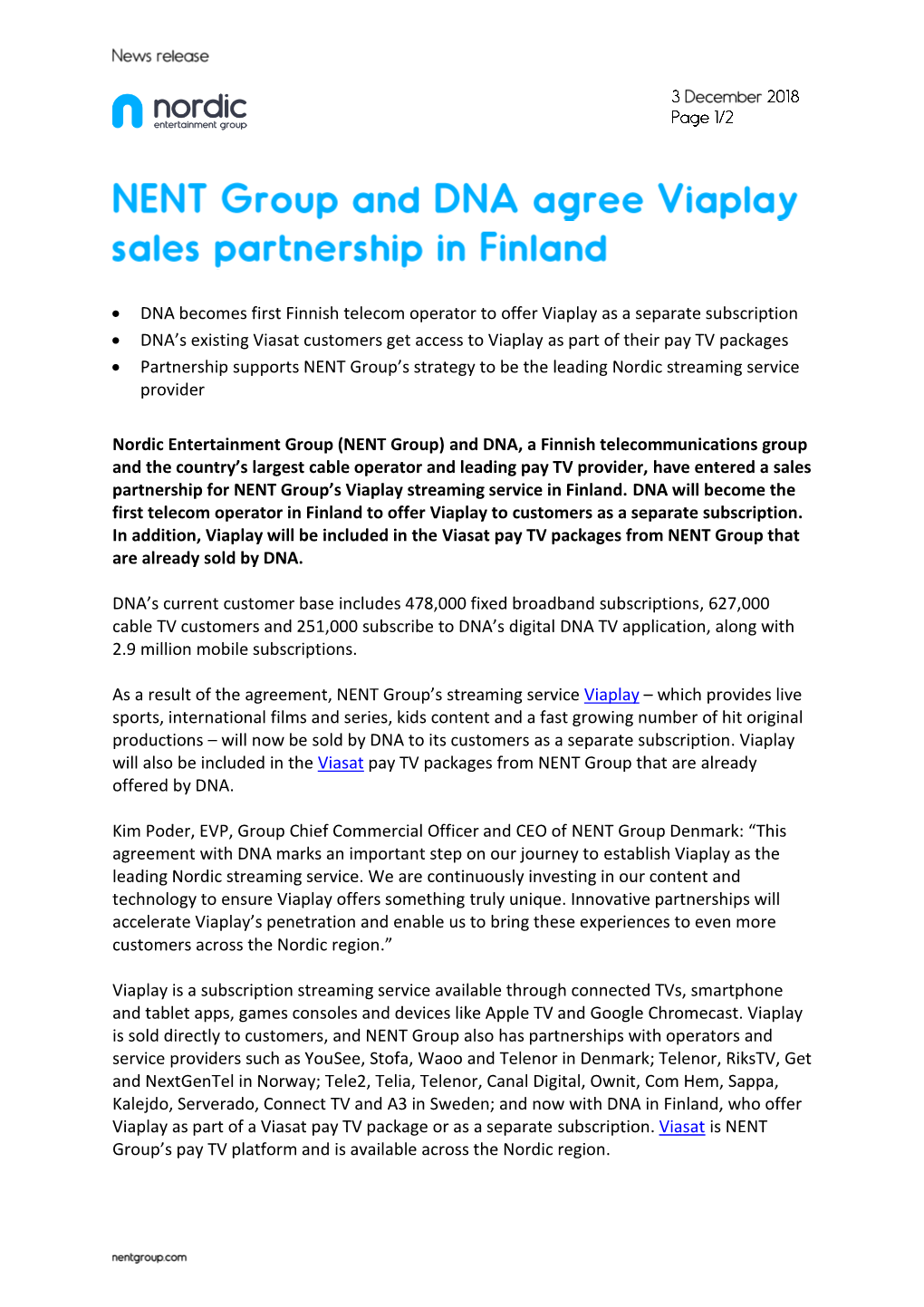 • DNA Becomes First Finnish Telecom Operator to Offer Viaplay As A