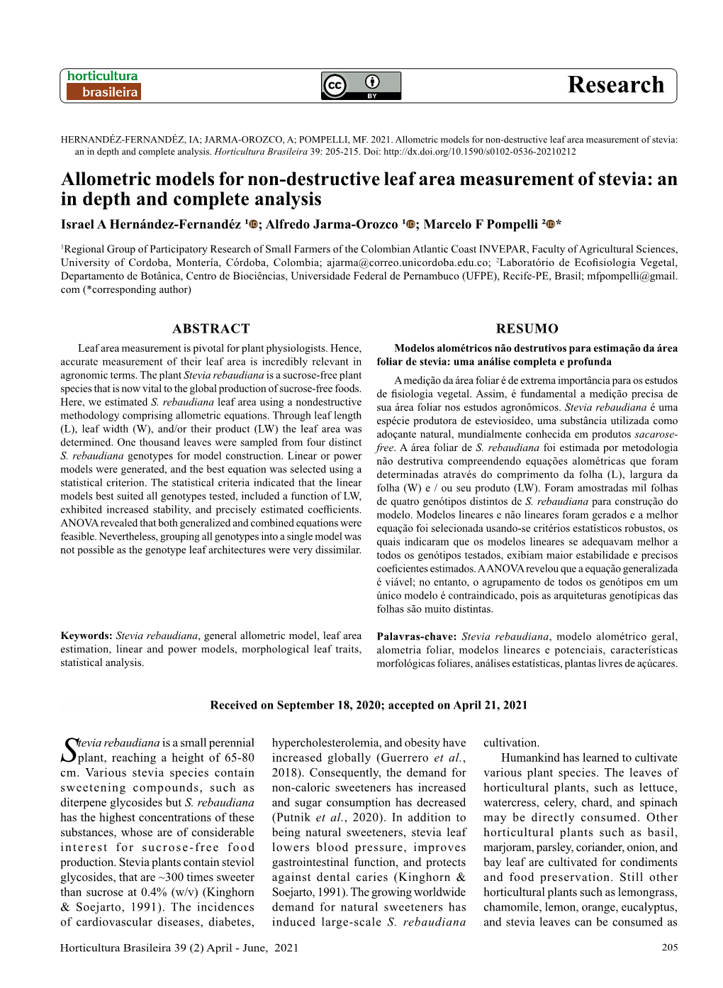 Allometric Models for Non-Destructive Leaf Area Measurement of Stevia: an in Depth and Complete Analysis