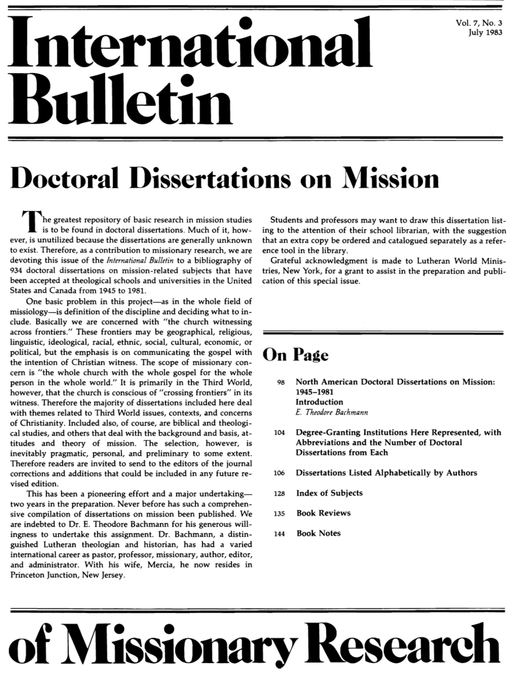 Issionaryresearch North American Doctoral Dissertations on Mission: 1945-1981