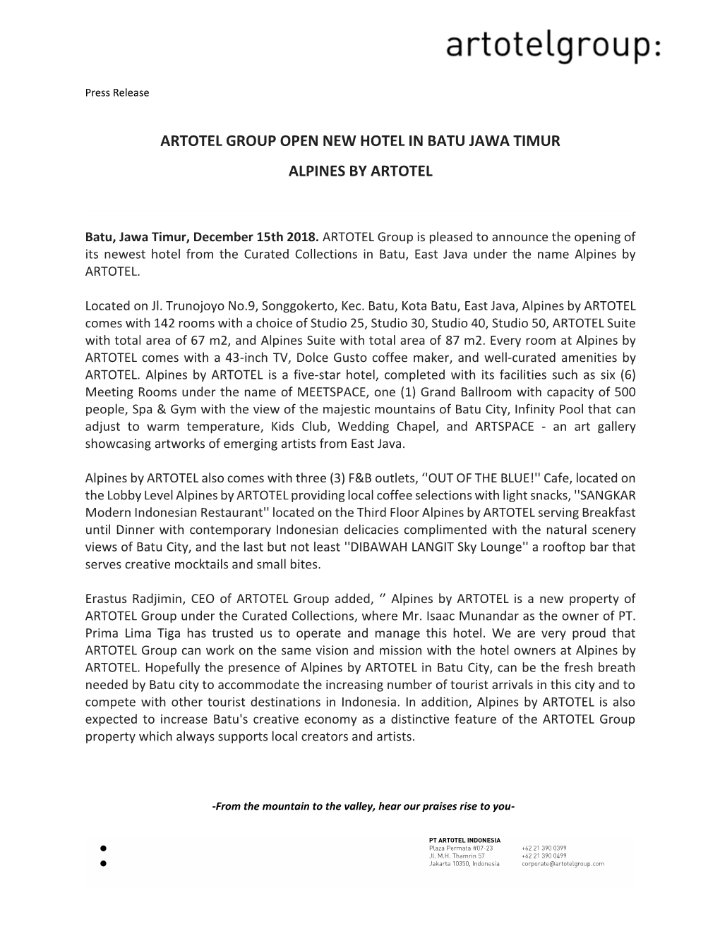 Artotel Group Open New Hotel in Batu Jawa Timur Alpines by Artotel