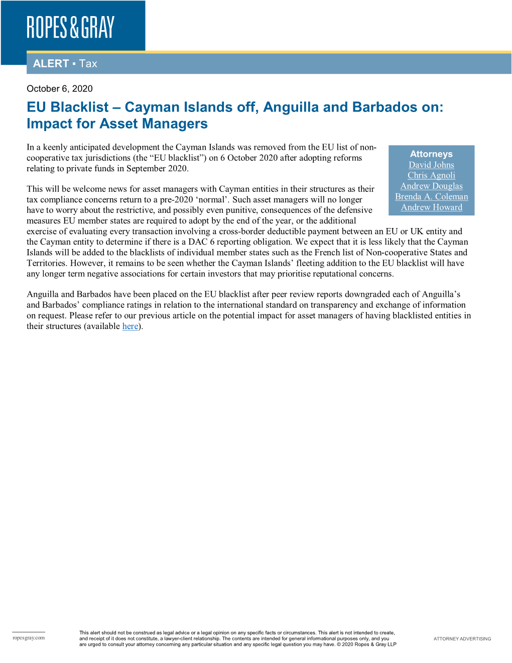 EU Blacklist – Cayman Islands Off, Anguilla and Barbados On: Impact for Asset Managers