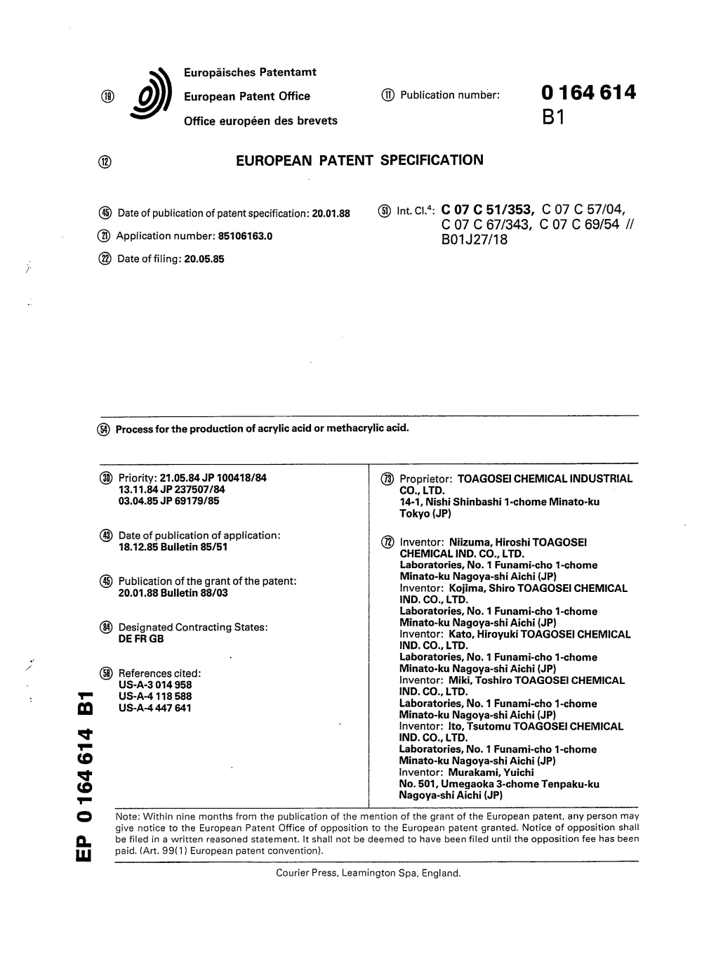 Process for the Production of Acrylic Acid Or Methacrylic Acid