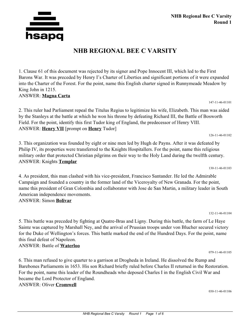 NHB Regional Bee C Varsity Round #1