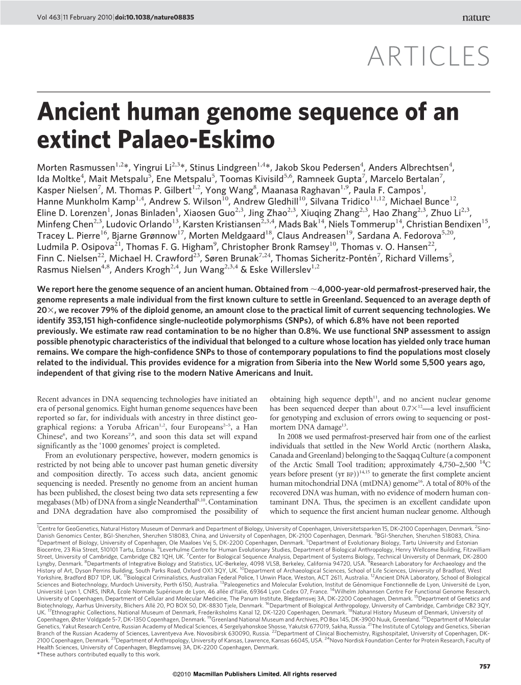 Ancient Human Genome Sequence of an Extinct Palaeo-Eskimo