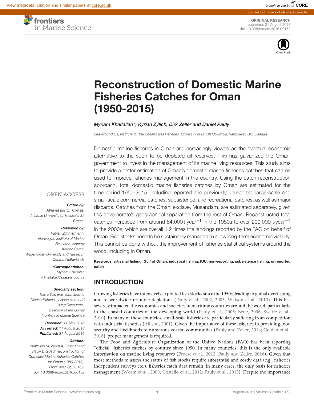 Reconstruction of Domestic Marine Fisheries Catches for Oman (1950-2015)