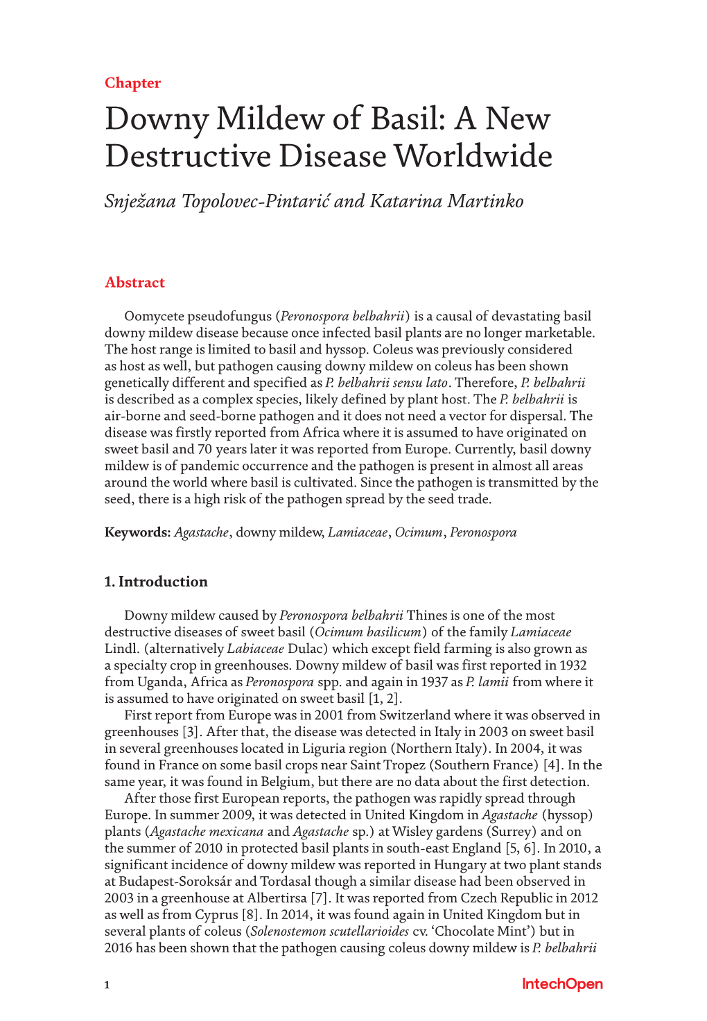 Downy Mildew of Basil: a New Destructive Disease Worldwide Snježana Topolovec-Pintarić and Katarina Martinko