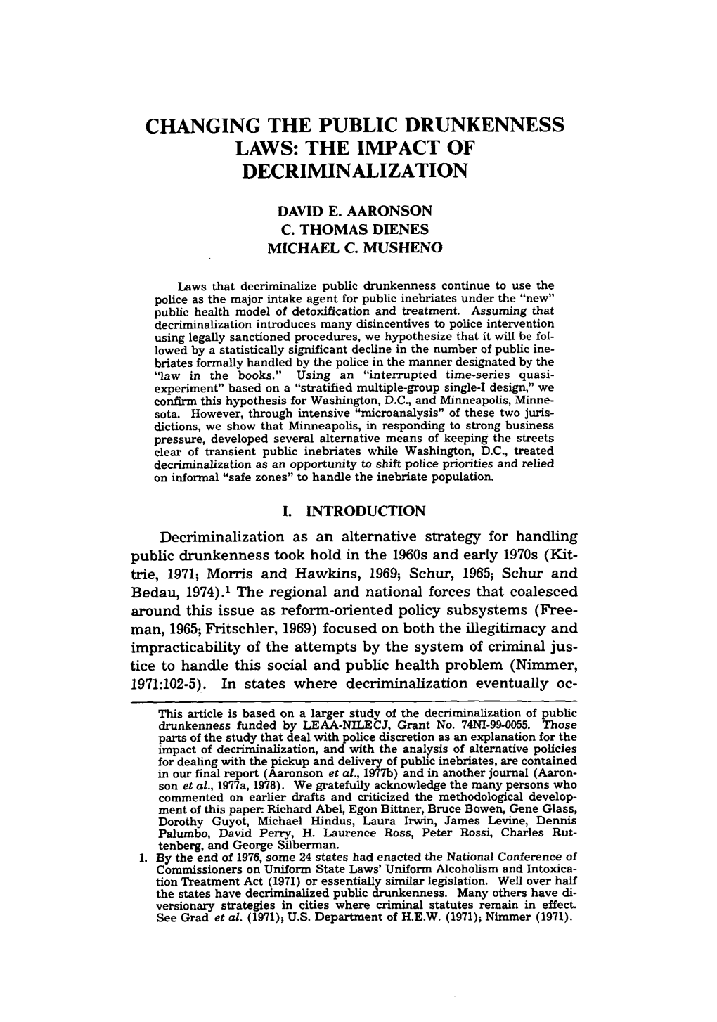 Changing the Public Drunkenness Laws: the Impact of Decriminalization