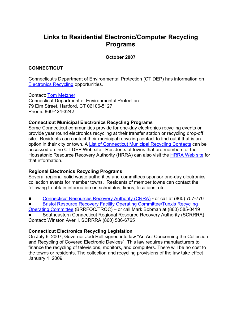 Links to Residential Electronic/Computer Recycling Programs