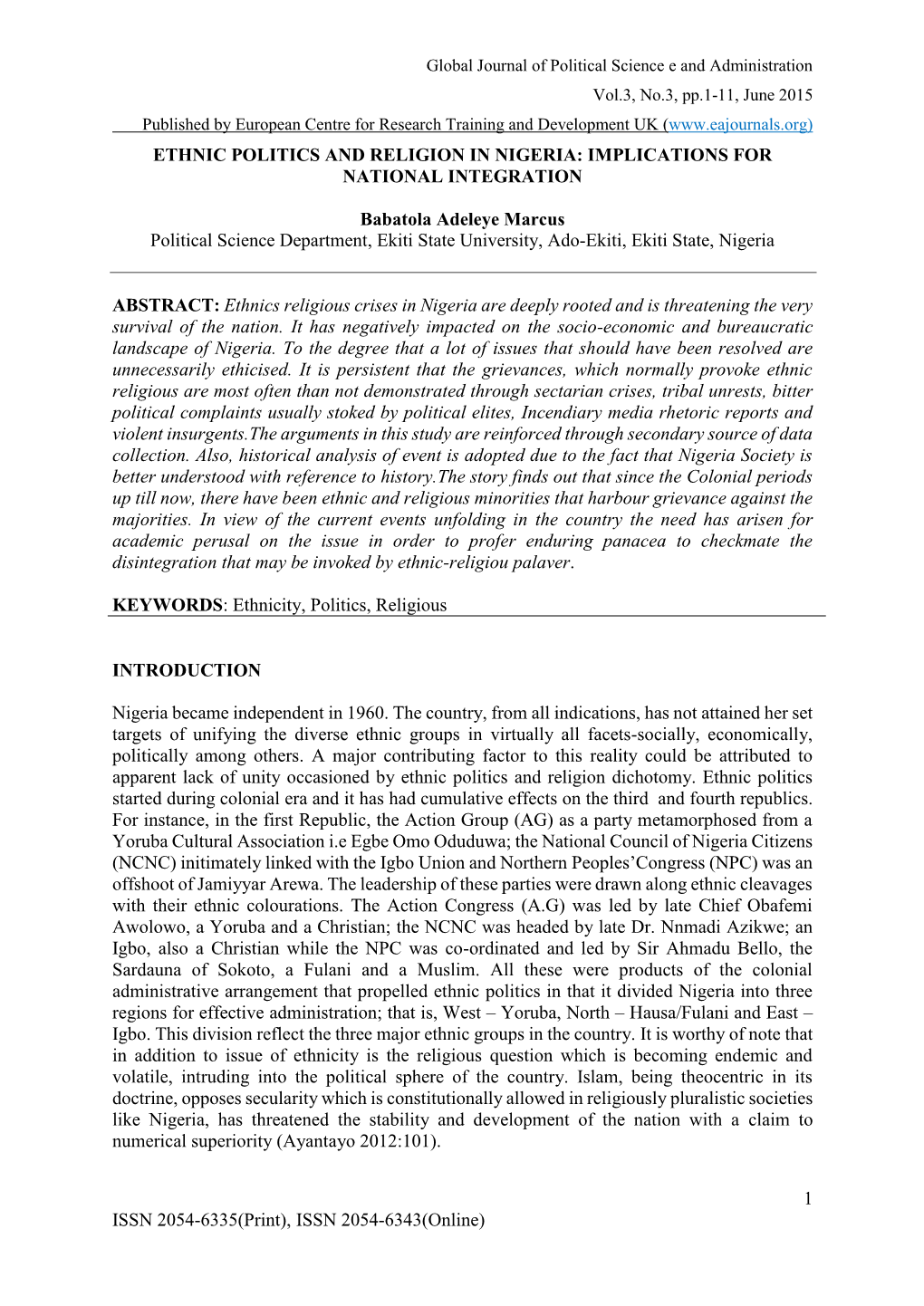 Ethnic Politics and Religion in Nigeria: Implications for National Integration