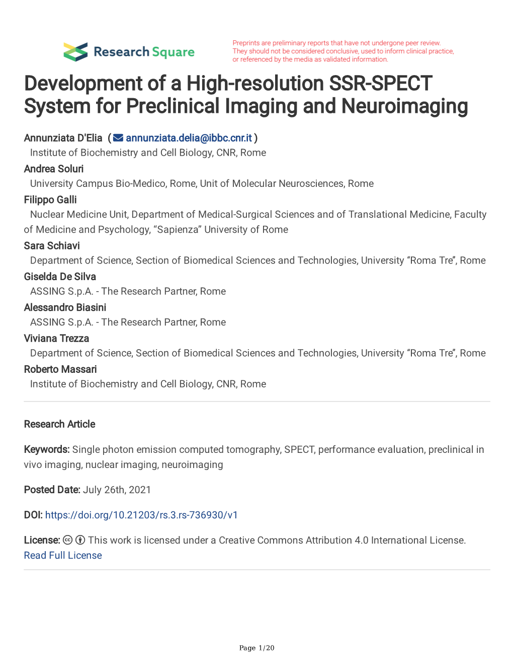 Development of a High-Resolution SSR-SPECT System for Preclinical Imaging and Neuroimaging