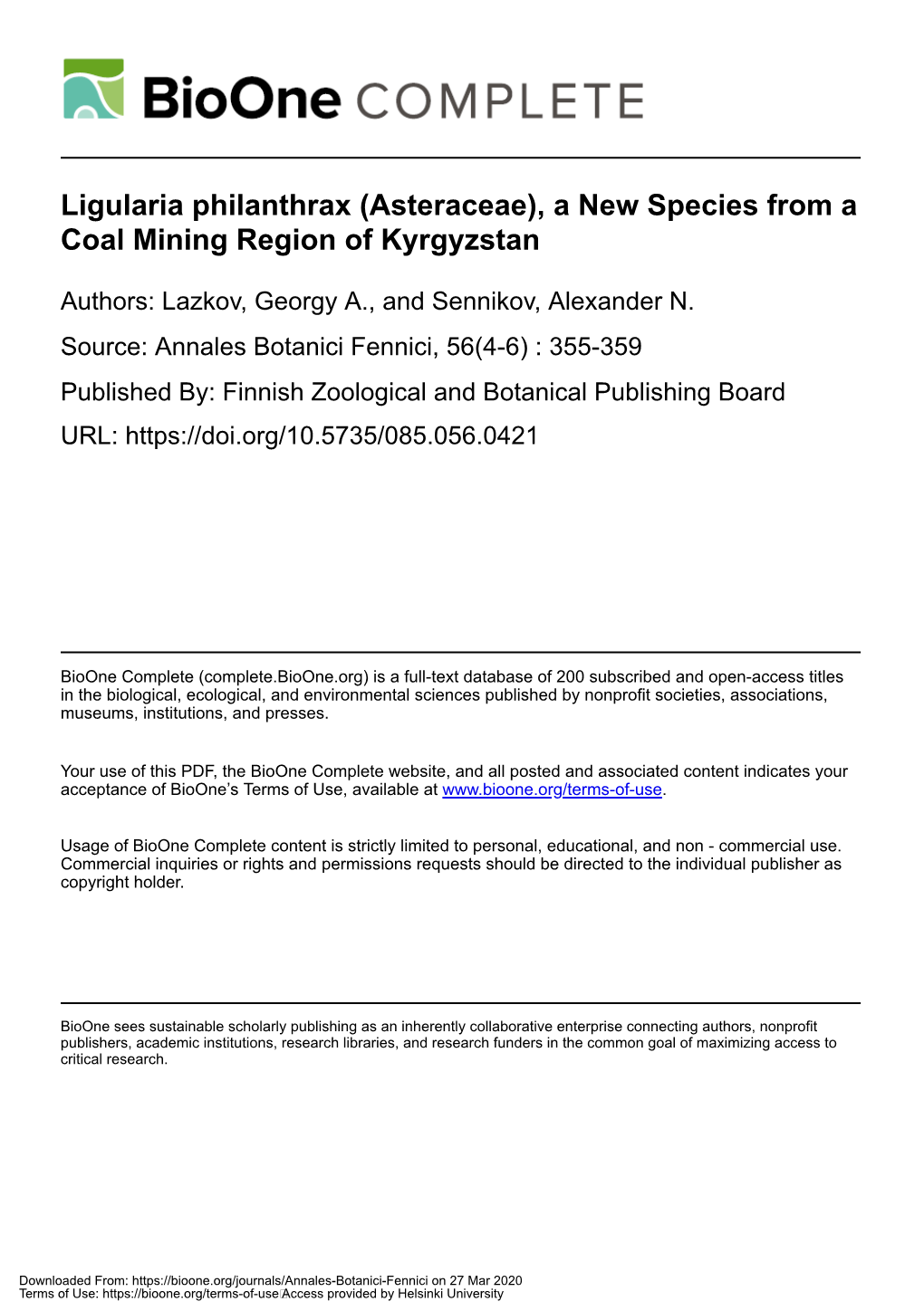 Ligularia Philanthrax (Asteraceae), a New Species from a Coal Mining Region of Kyrgyzstan