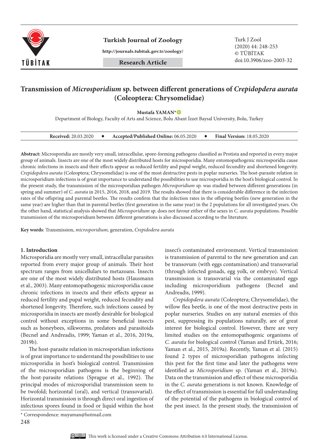 Transmission of Microsporidium Sp. Between Different Generations Ofcrepidopdera Aurata (Coleoptera: Chrysomelidae)