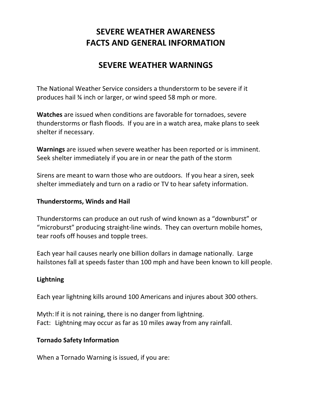 Severe Weather Awareness Facts and General Information