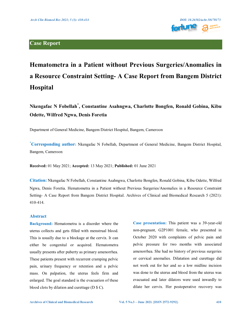 Hematometra in a Patient Without Previous Surgeries/Anomalies in a Resource Constraint Setting- a Case Report from Bangem District Hospital