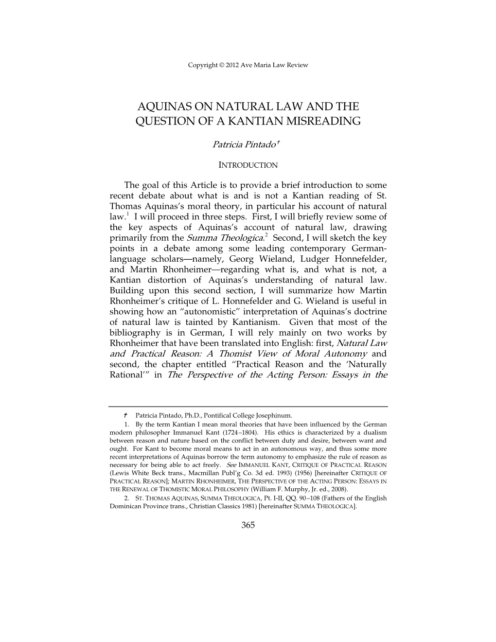 Aquinas on Natural Law and the Question of a Kantian Misreading