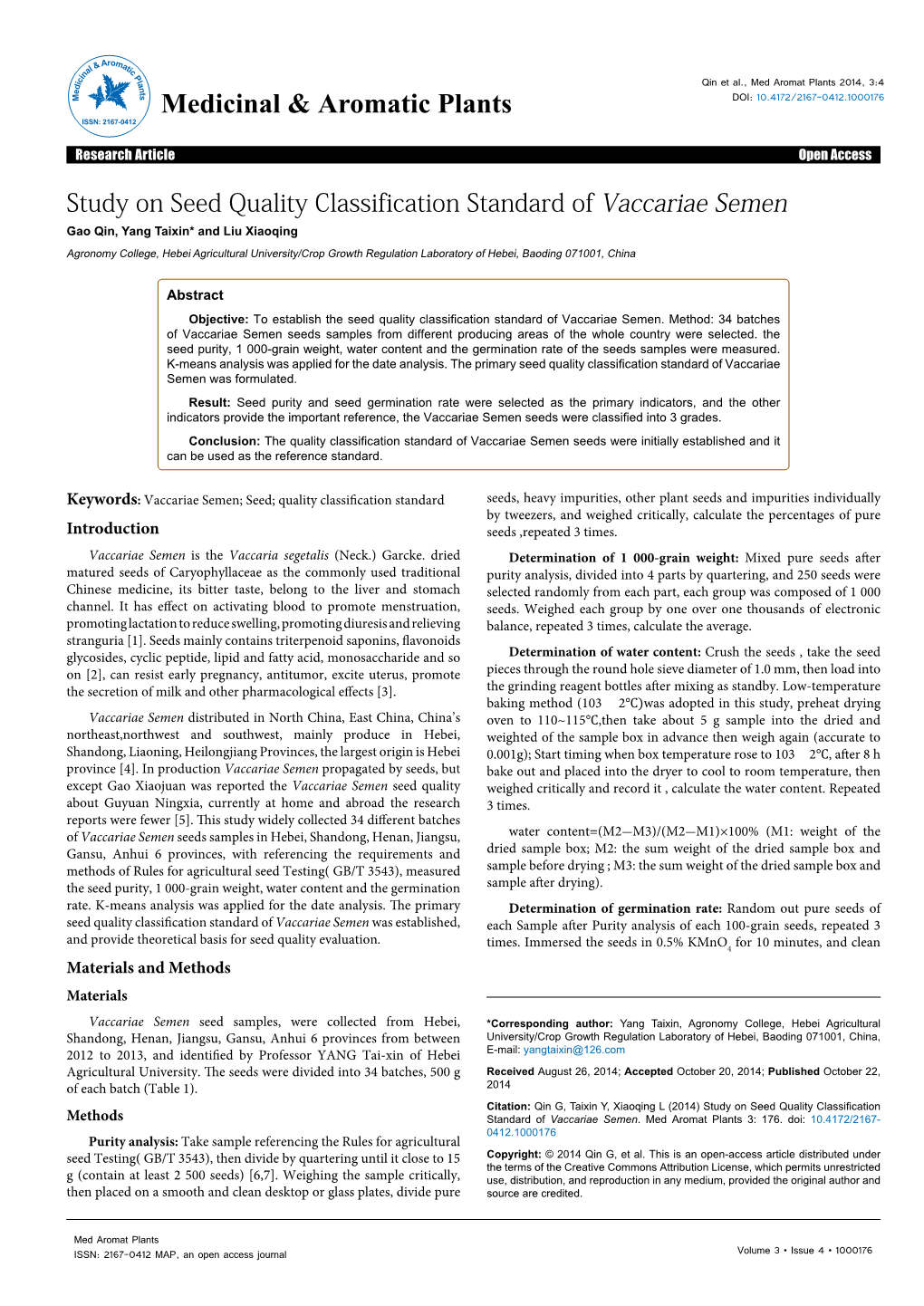 Study on Seed Quality Classification Standard of Vaccariae Semen