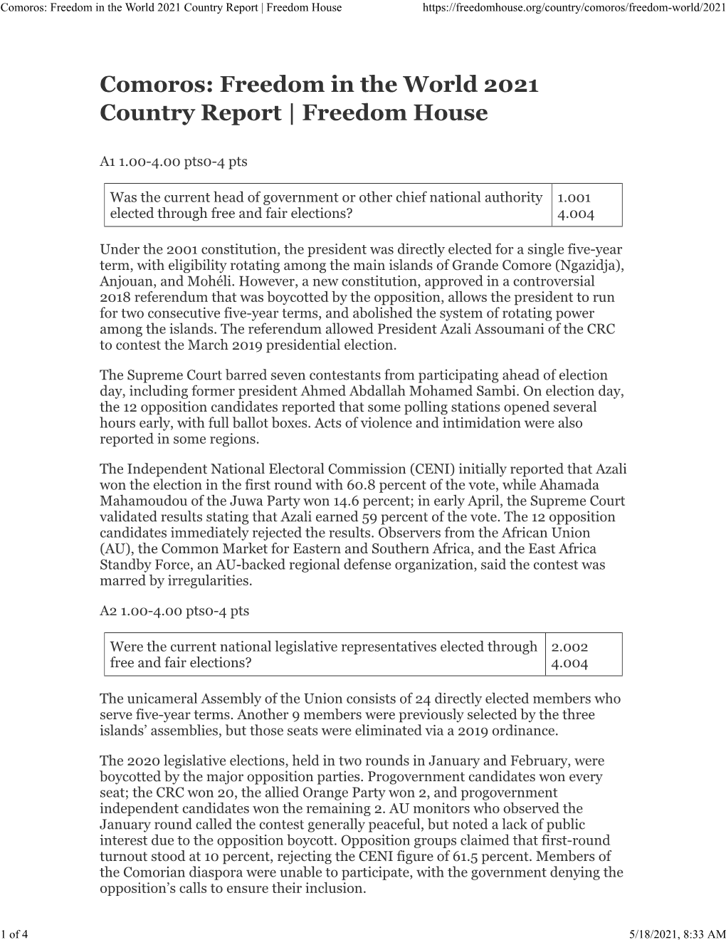 Comoros: Freedom in the World 2021 Country Report | Freedom House