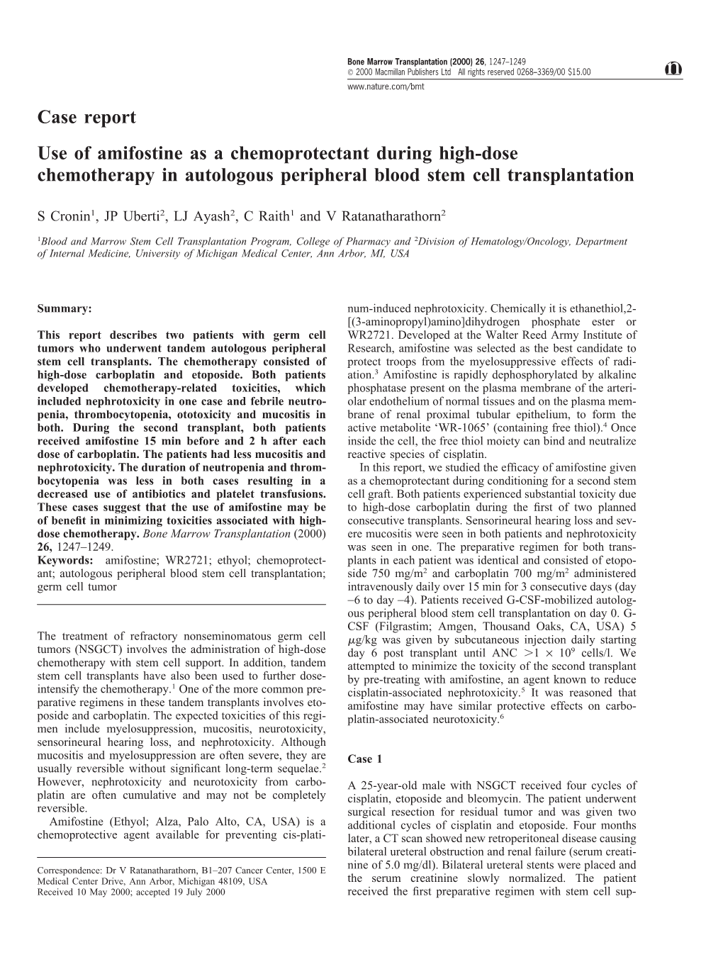 Case Report Use of Amifostine As a Chemoprotectant During High-Dose Chemotherapy in Autologous Peripheral Blood Stem Cell Transplantation