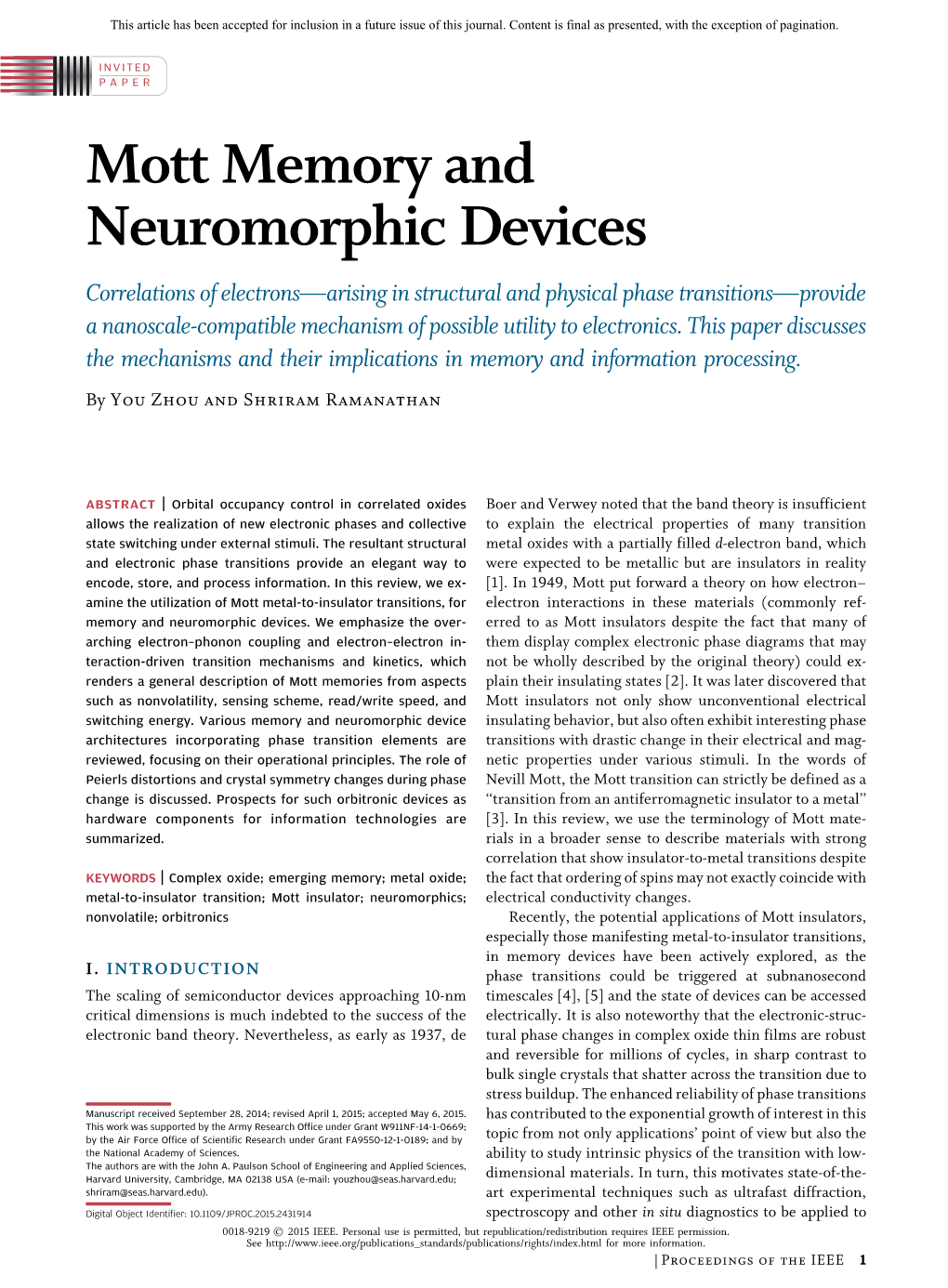 Mott Memory and Neuromorphic Devices