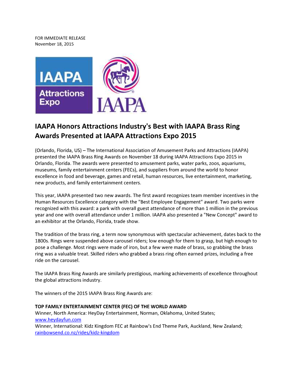 IAAPA Honors Attractions Industry's Best with IAAPA Brass Ring Awards Presented at IAAPA Attractions Expo 2015