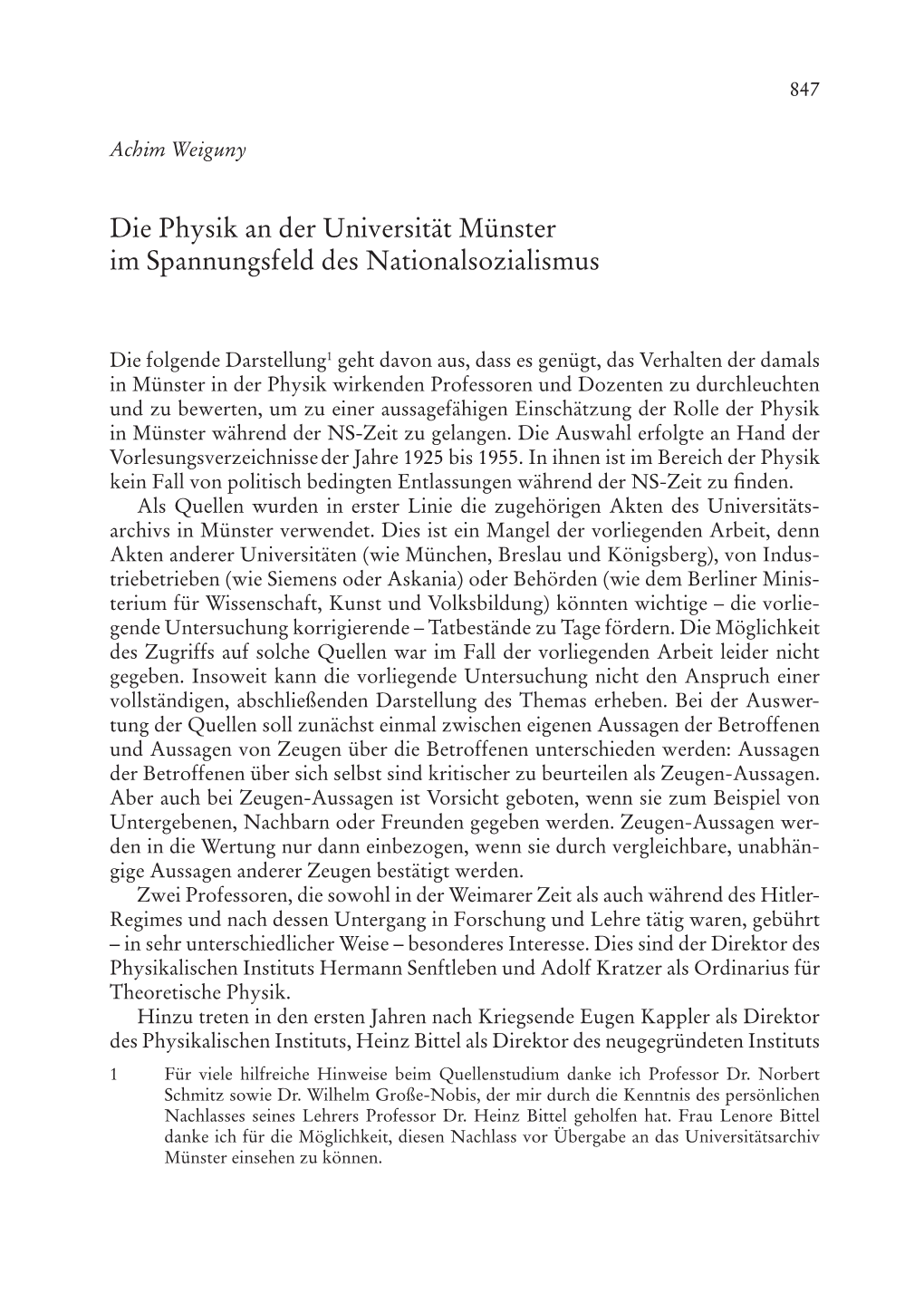 Die Physik an Der Universität Münster Im Spannungsfeld Des Nationalsozialismus