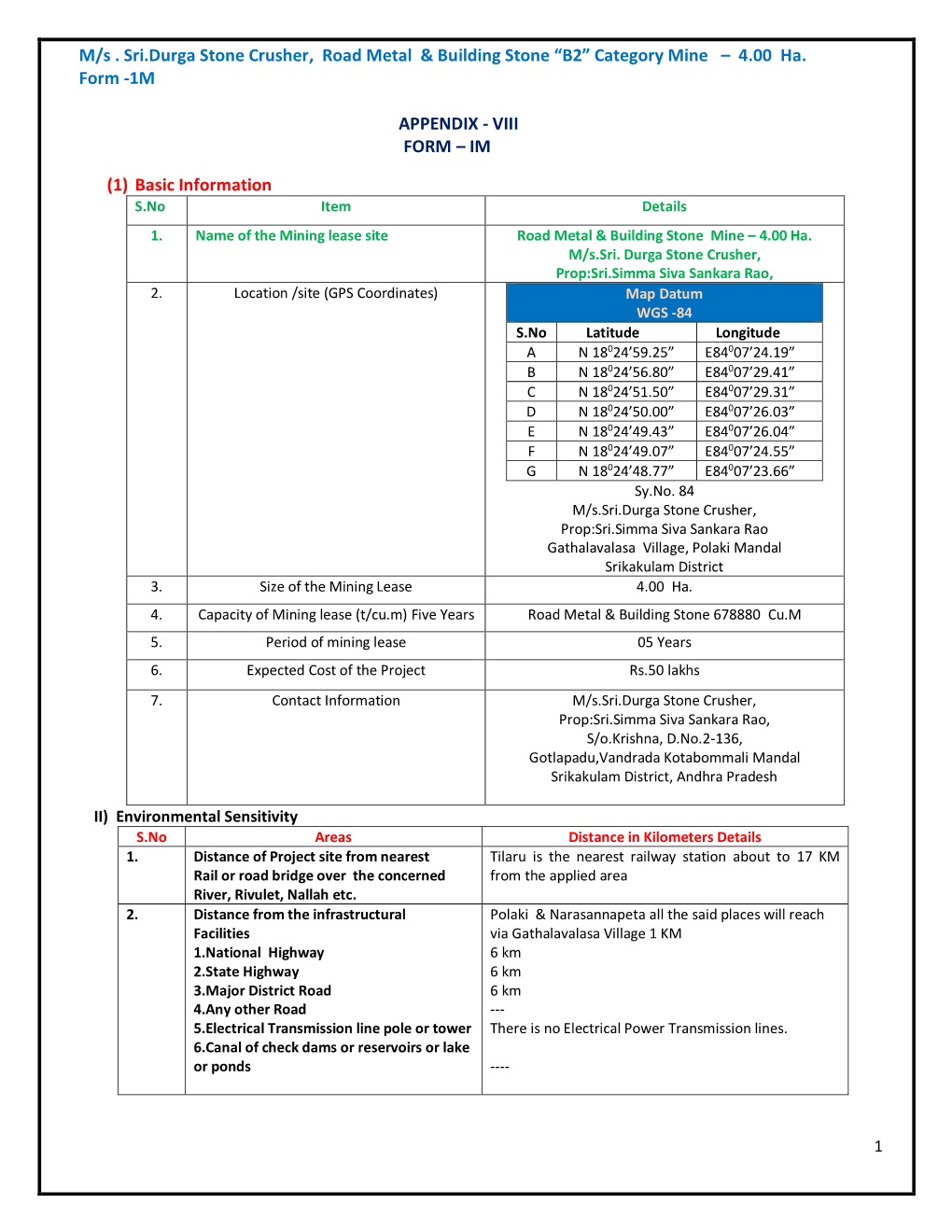 M/S . Sri.Durga Stone Crusher, Road Metal & Building Stone “B2”