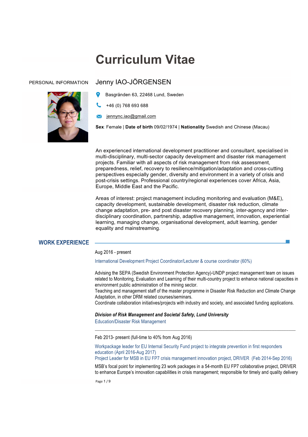 Jenny Iao-Jörgensen CV and Publication List
