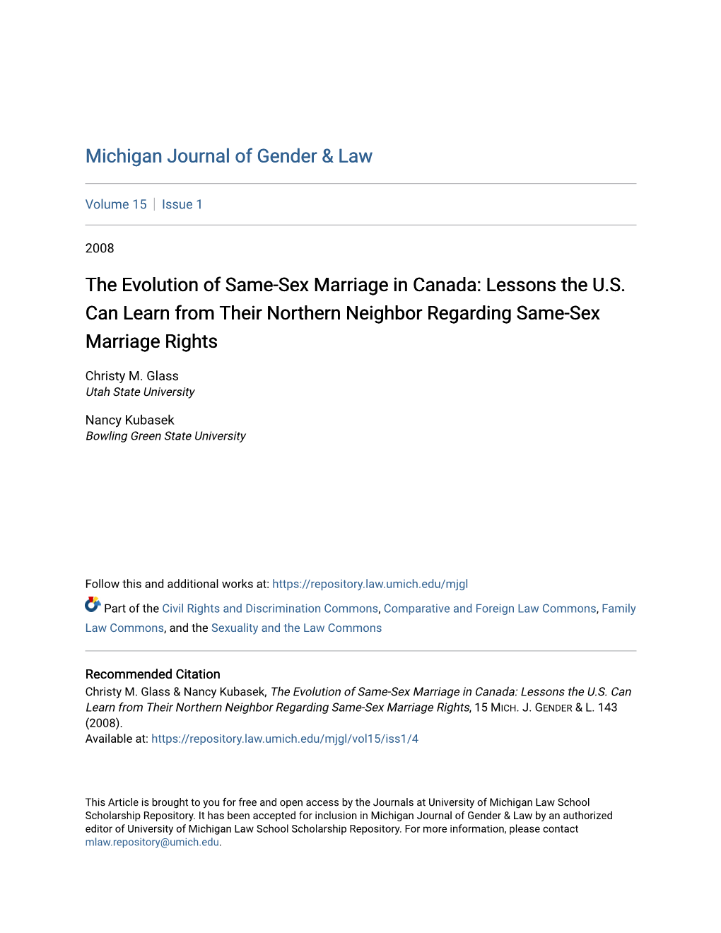 The Evolution of Same-Sex Marriage in Canada: Lessons the U.S