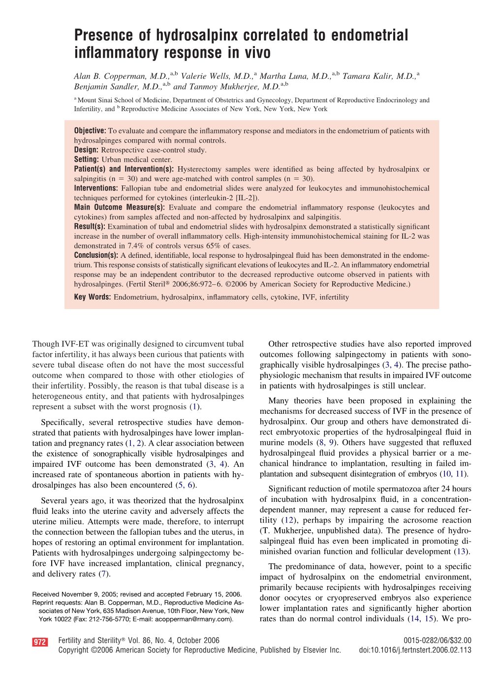 Presence of Hydrosalpinx Correlated to Endometrial Inflammatory