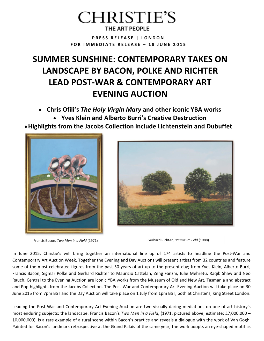 Summer Sunshine: Contemporary Takes on Landscape by Bacon, Polke and Richter Lead Post-War & Contemporary Art Evening Auction