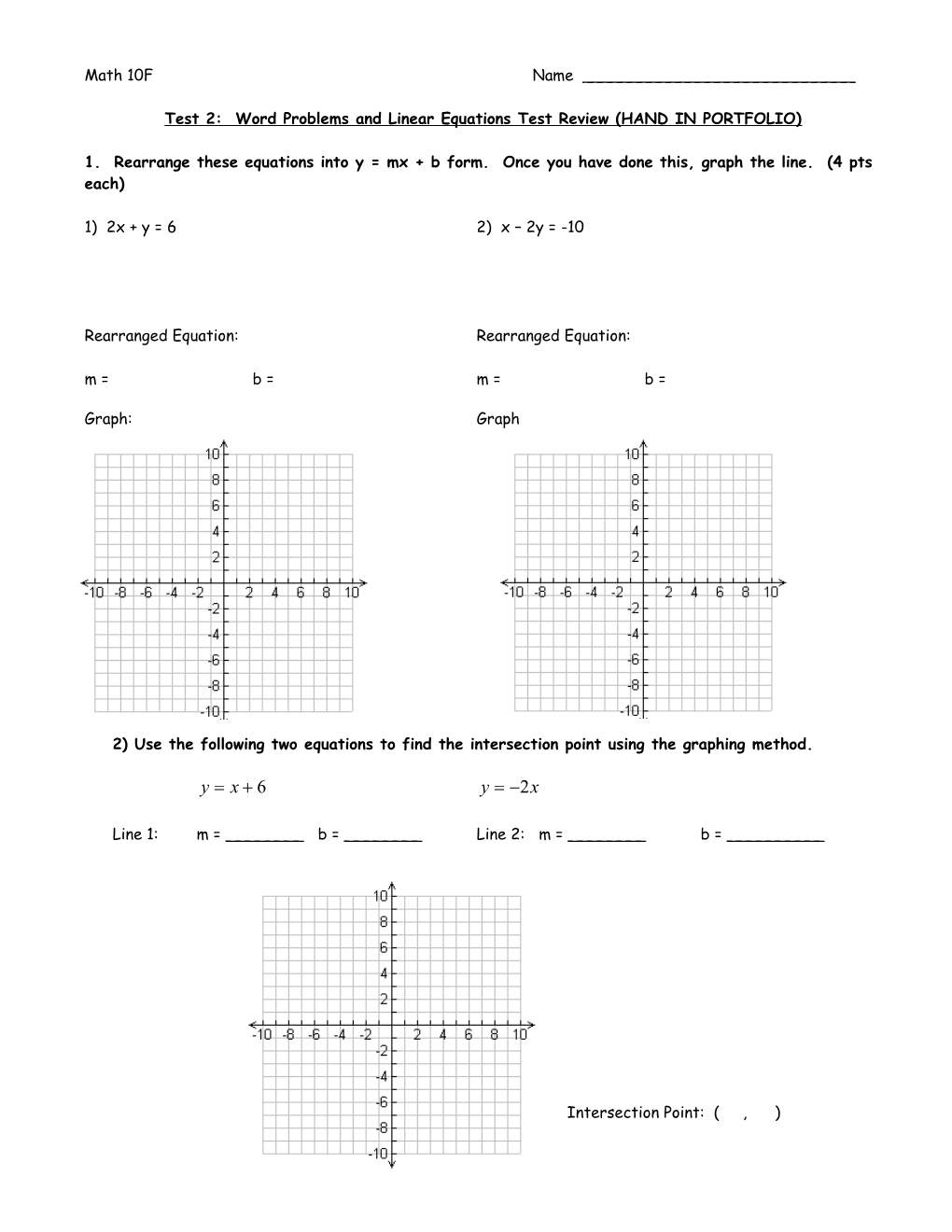 Test 2: Word Problems and Linear Equations Test Review (HAND in PORTFOLIO)