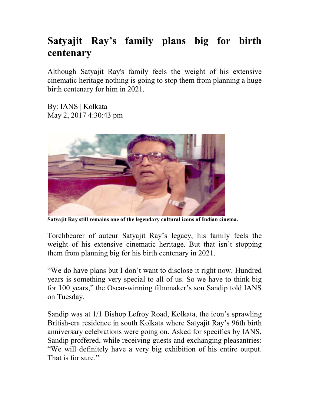 Satyajit Ray's Family Plans Big for Birth Centenary