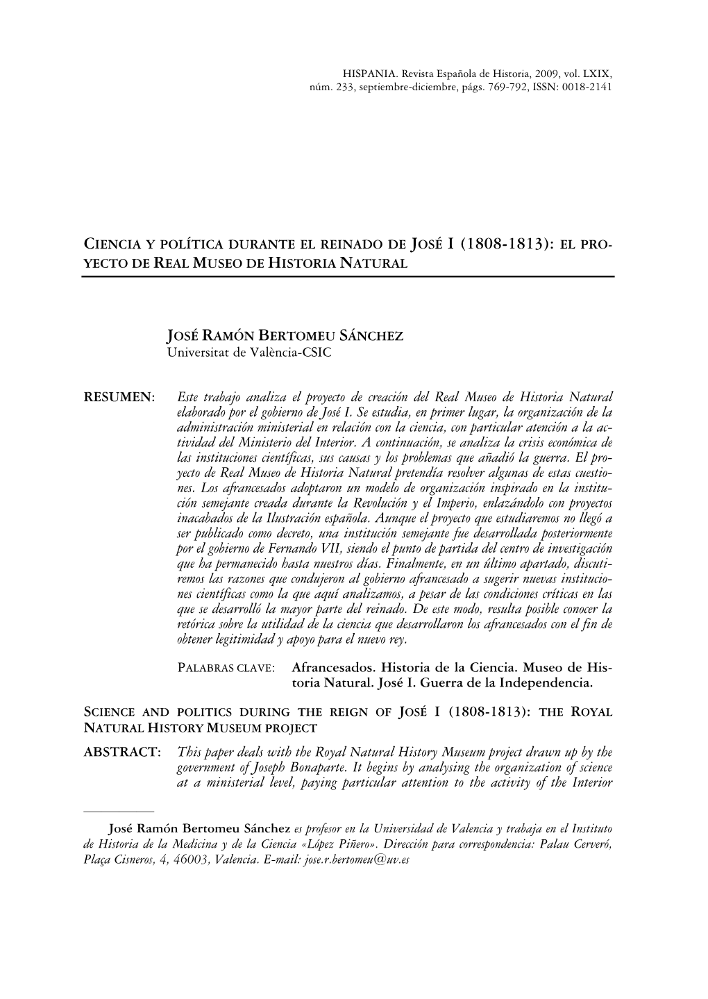 Ciencia Y Política Durante El Reinado De José I (1808-1813): El Pro- Yecto De Real Museo De Historia Natural