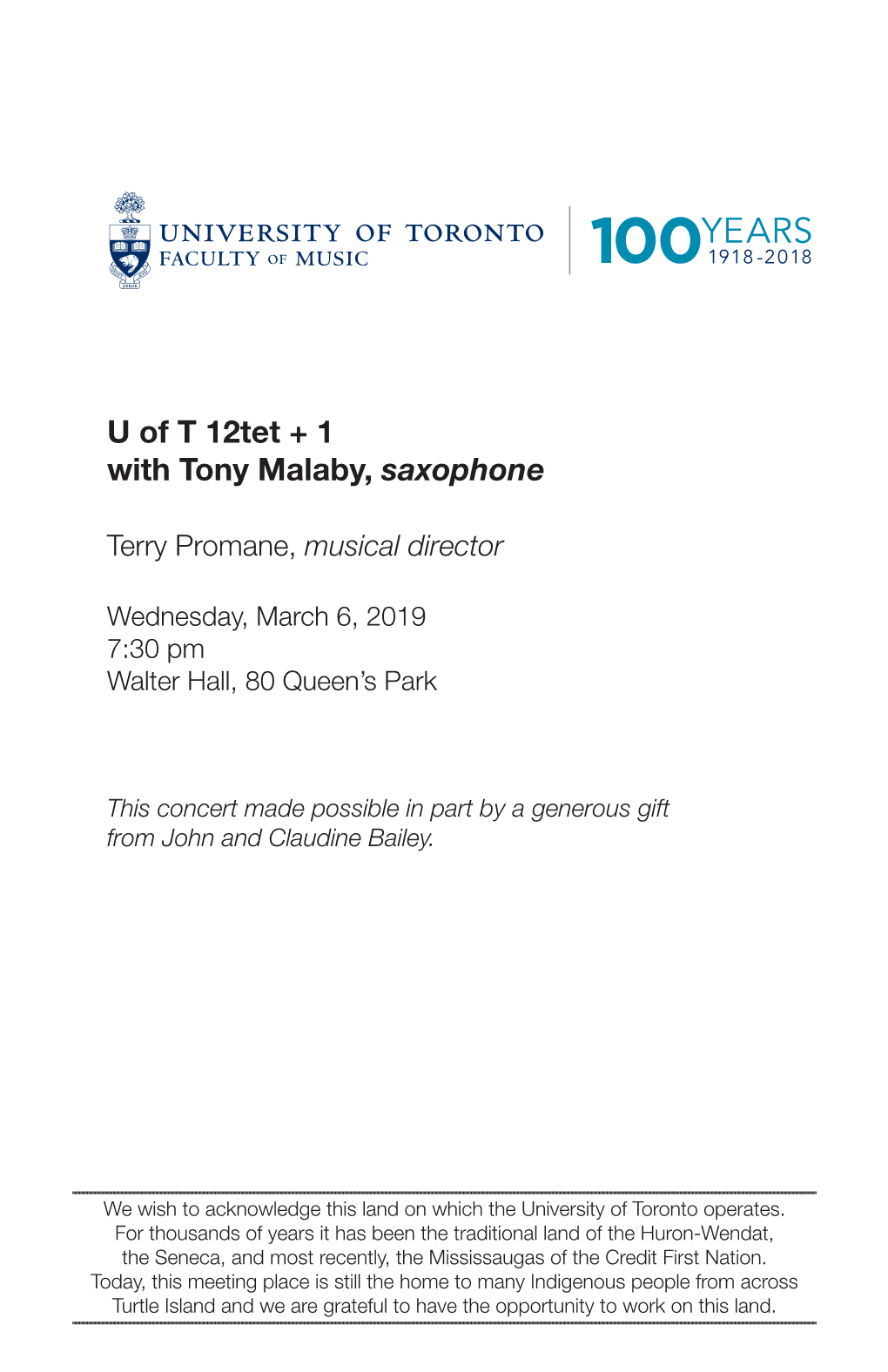 U of T 12Tet + 1 with Tony Malaby, Saxophone