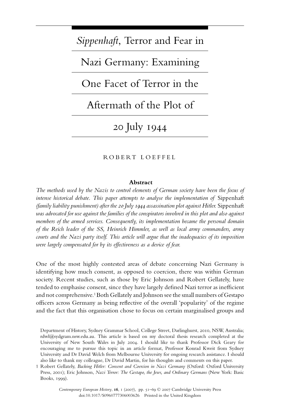 Sippenhaft, Terror and Fear in Nazi Germany: Examining One Facet of Terror in the Aftermath of the Plot of 20 July 1944