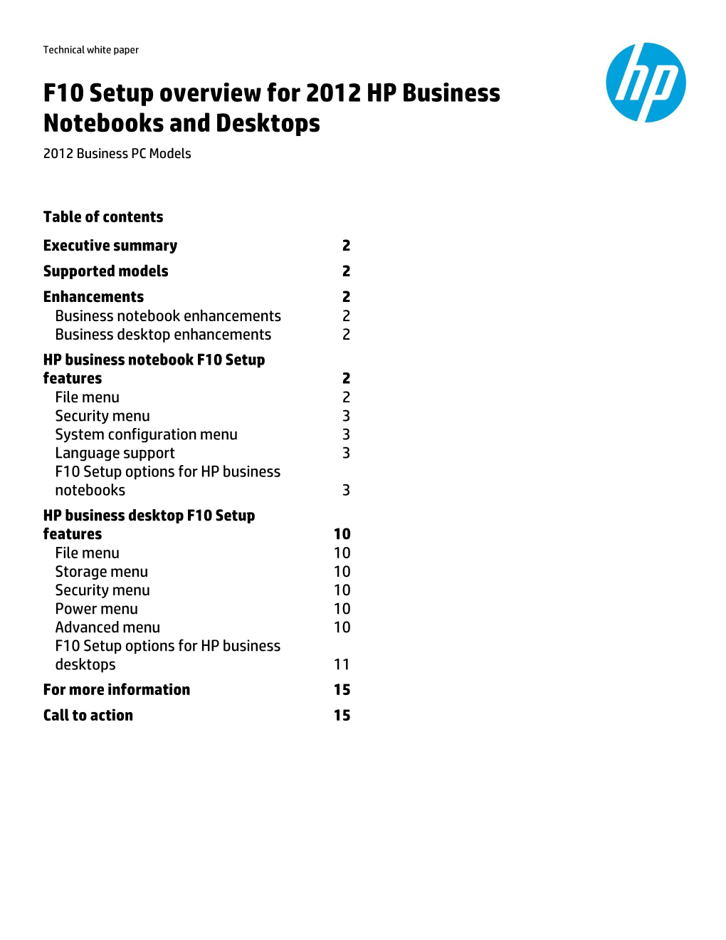 F10 Setup Overview for 2012 HP Business Notebooks and Desktops 2012 Business PC Models