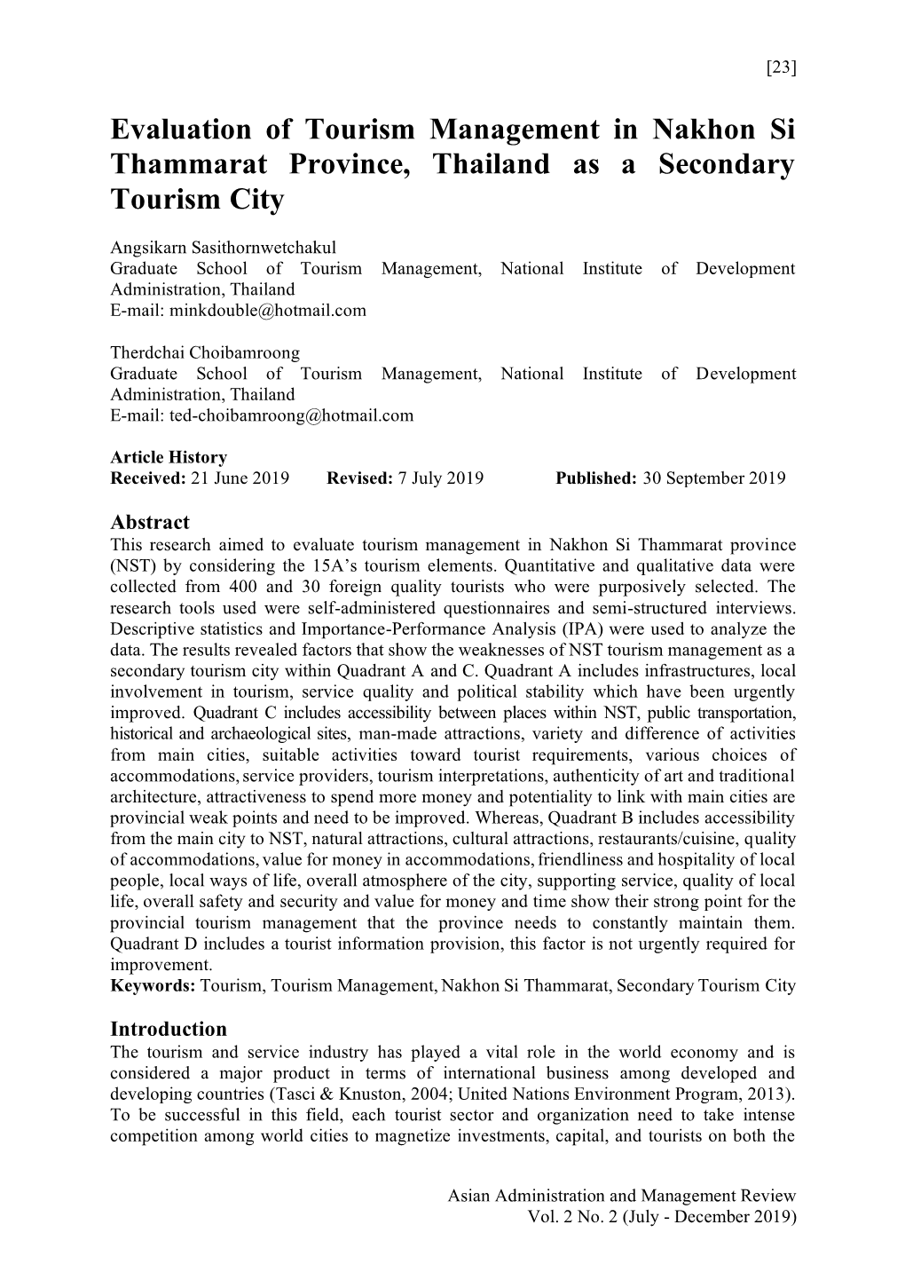 Evaluation of Tourism Management in Nakhon Si Thammarat Province, Thailand As a Secondary Tourism City