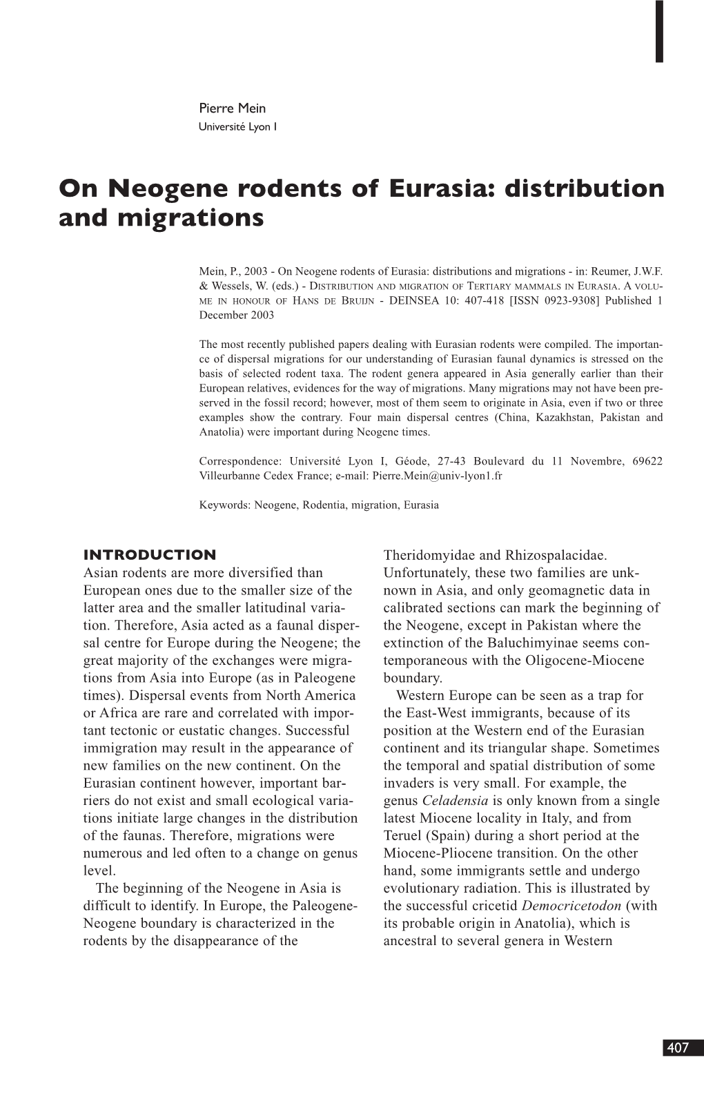 On Neogene Rodents of Eurasia: Distribution and Migrations