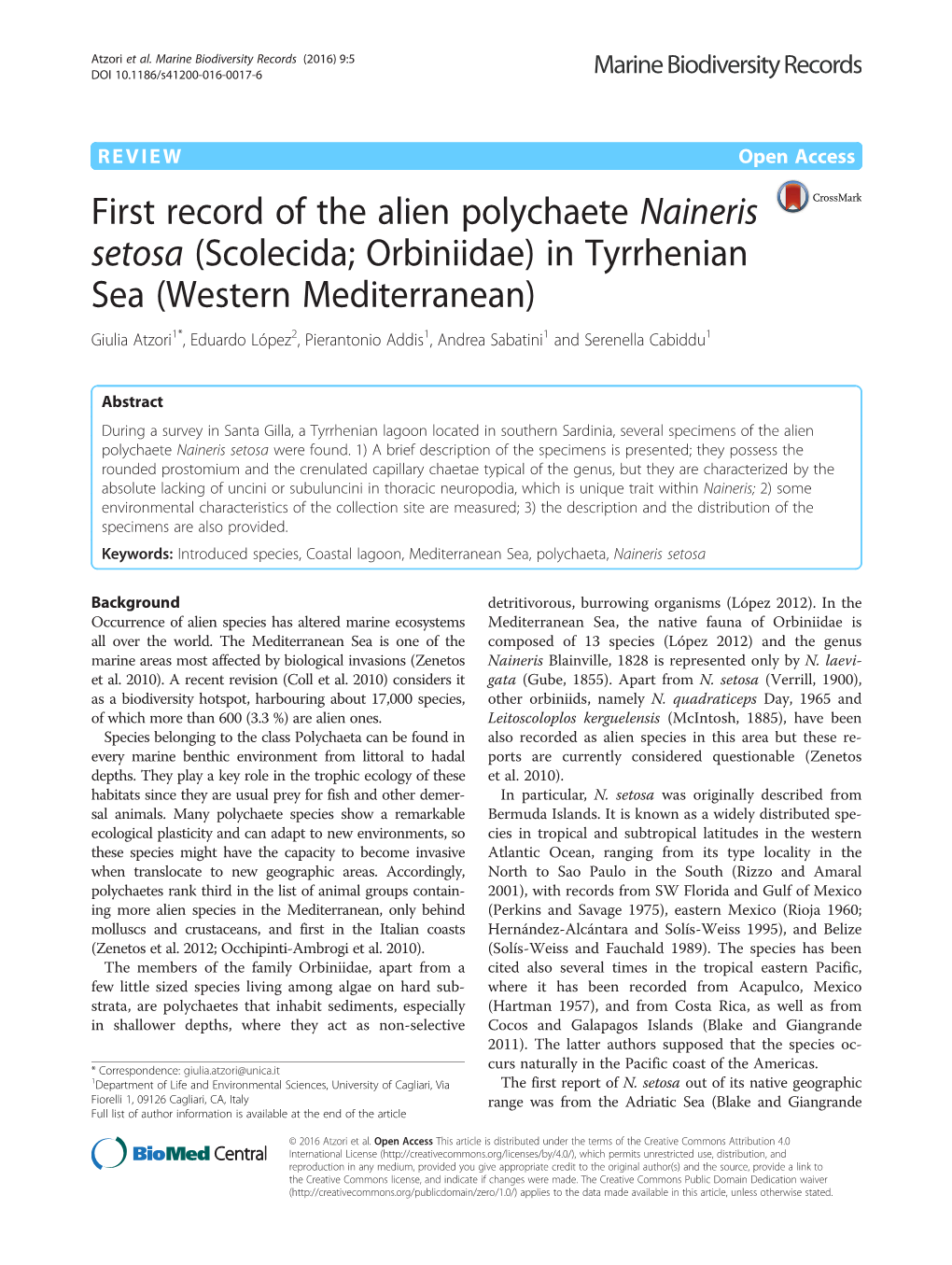First Record of the Alien Polychaete Naineris Setosa