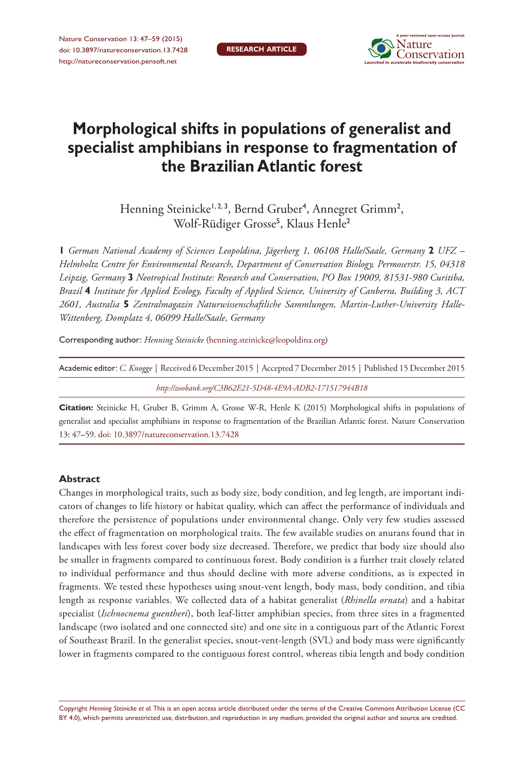 Morphological Shifts in Populations of Generalist and Specialist Amphibians in Response to Fragmentation of the Brazilian Atlantic Forest