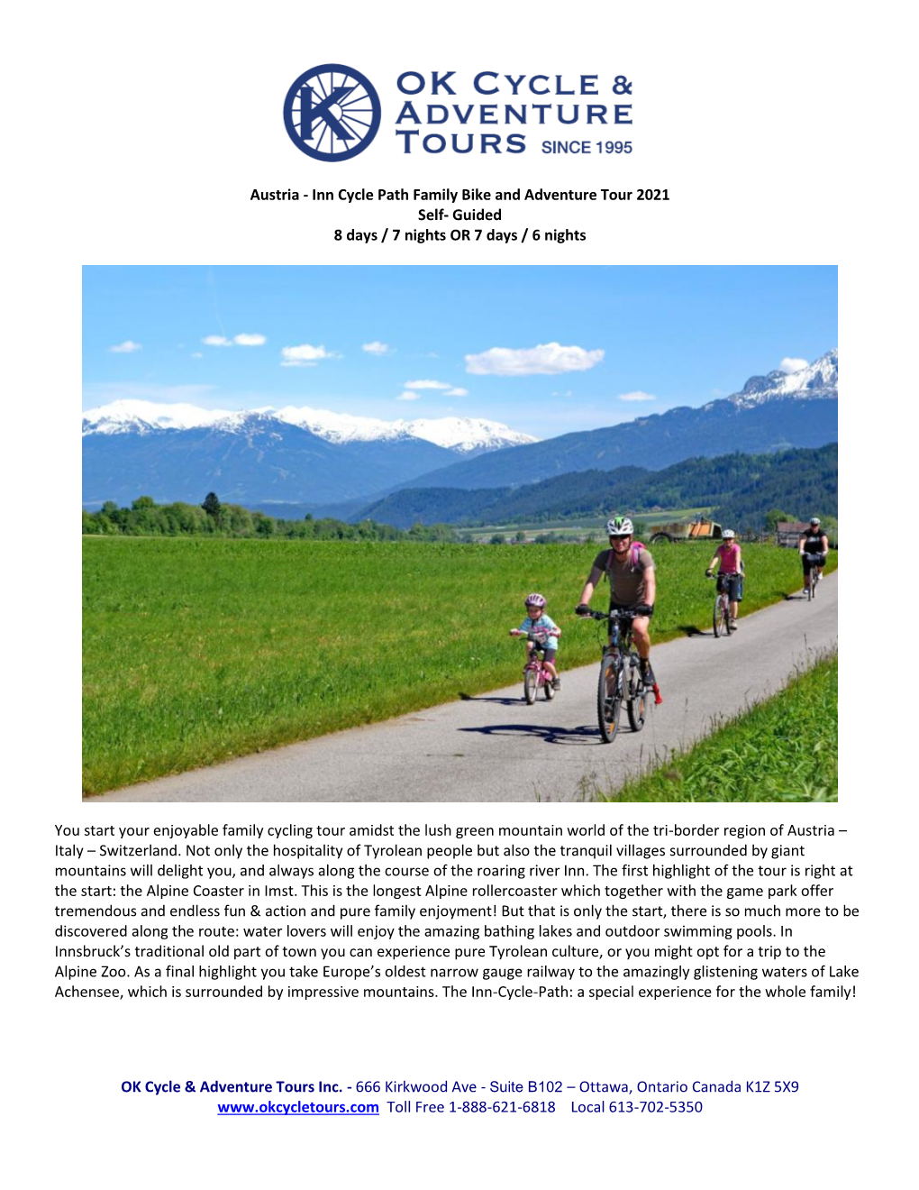 Austria - Inn Cycle Path Family Bike and Adventure Tour 2021 Self- Guided 8 Days / 7 Nights OR 7 Days / 6 Nights