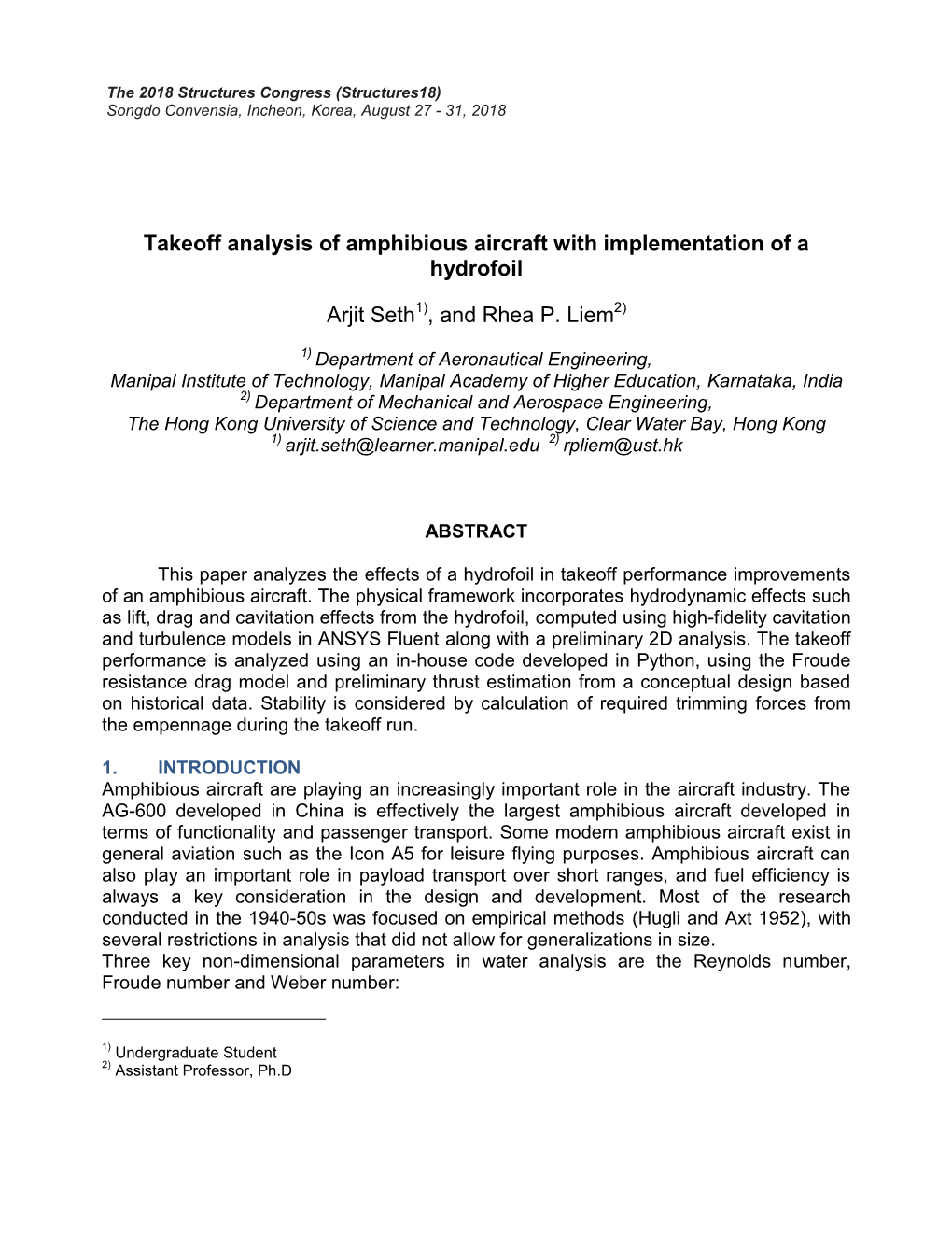 Takeoff Analysis of Amphibious Aircraft with Implementation of a Hydrofoil