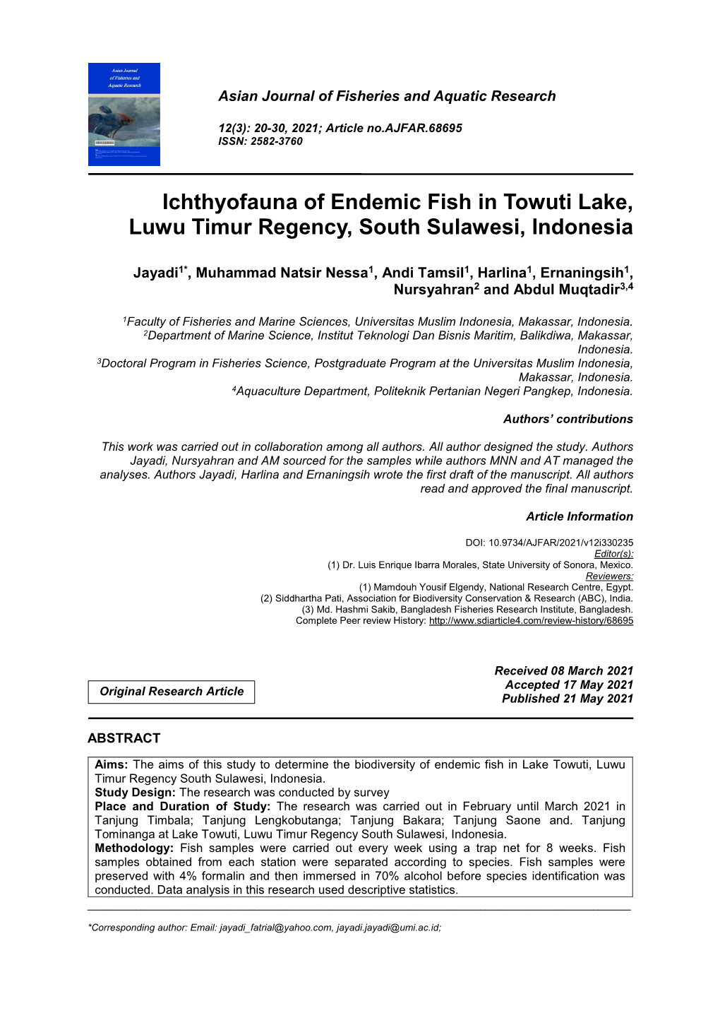 Ichthyofauna of Endemic Fish in Towuti Lake, Luwu Timur Regency, South Sulawesi, Indonesia