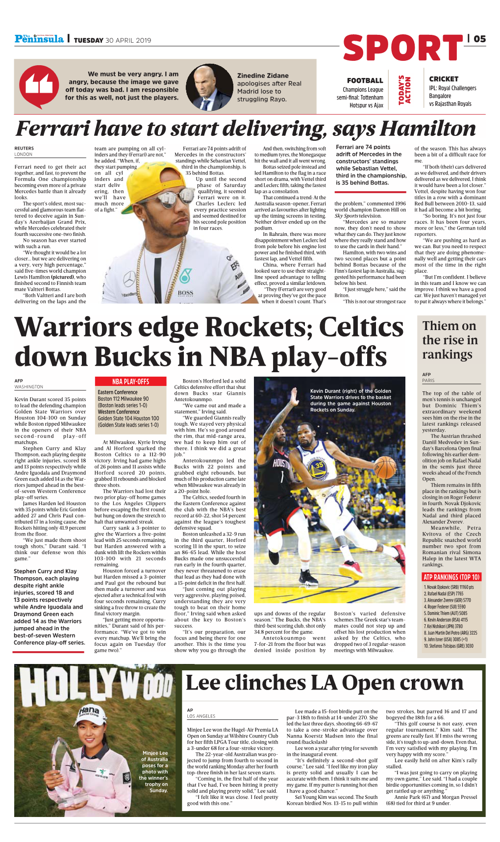 Warriors Edge Rockets; Celtics Down Bucks in NBA Play-Offs