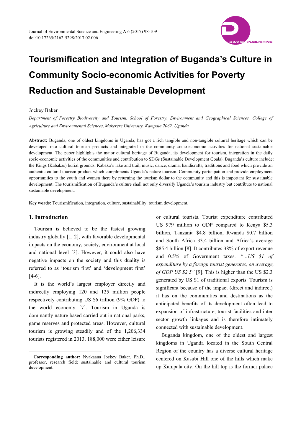 Tourismification and Integration of Buganda's Culture in Community Socio-Economic Activities for Poverty Reduction and Sustain