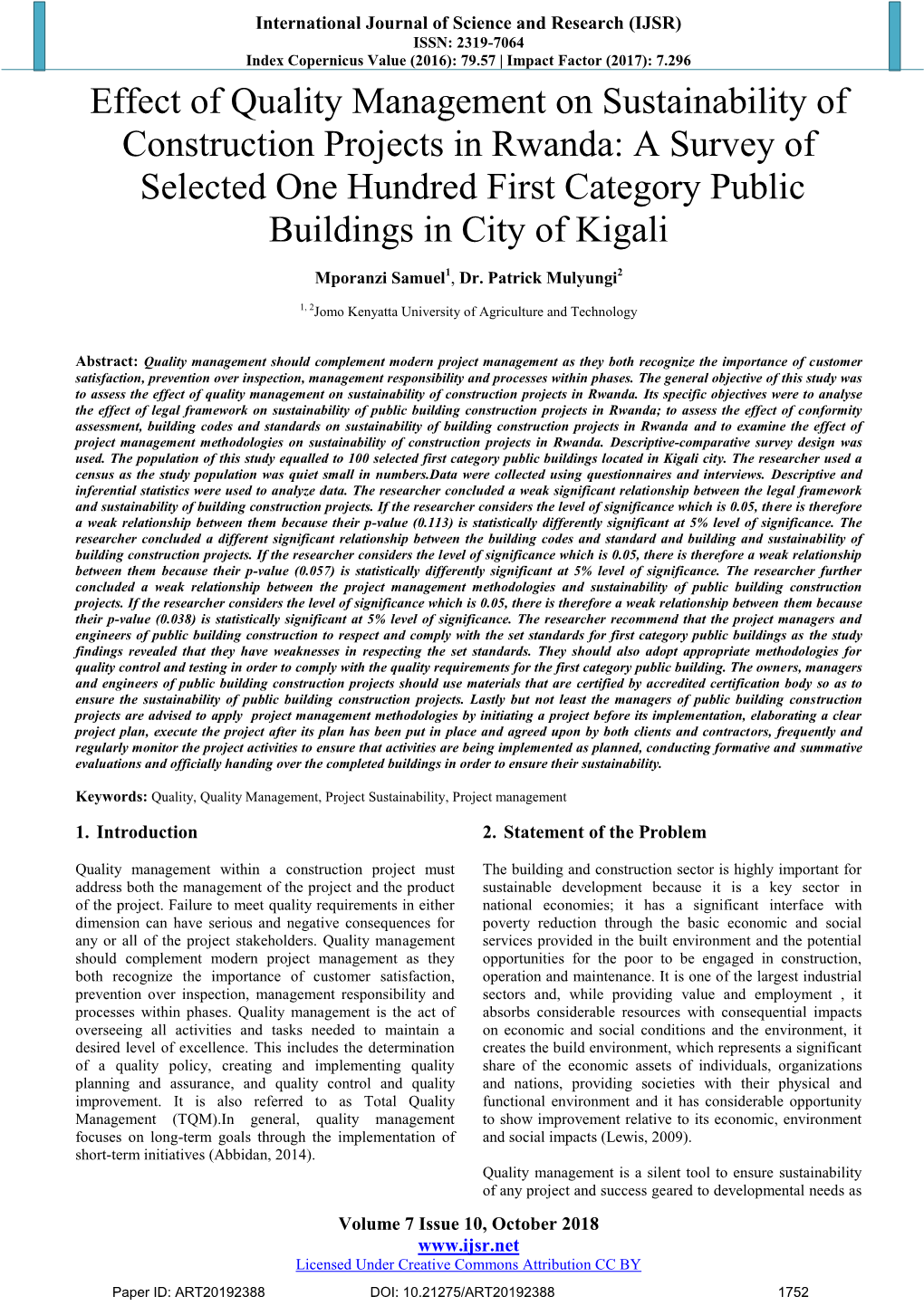 Effect of Quality Management on Sustainability of Construction Projects in Rwanda: a Survey of Selected One Hundred First Category Public Buildings in City of Kigali