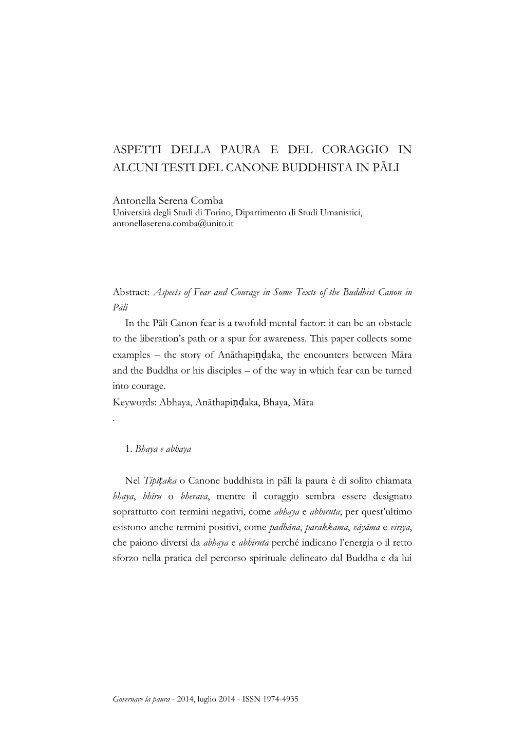 Aspetti Della Paura E Del Coraggio in Alcuni Testi Del Canone Buddhista in Pāli