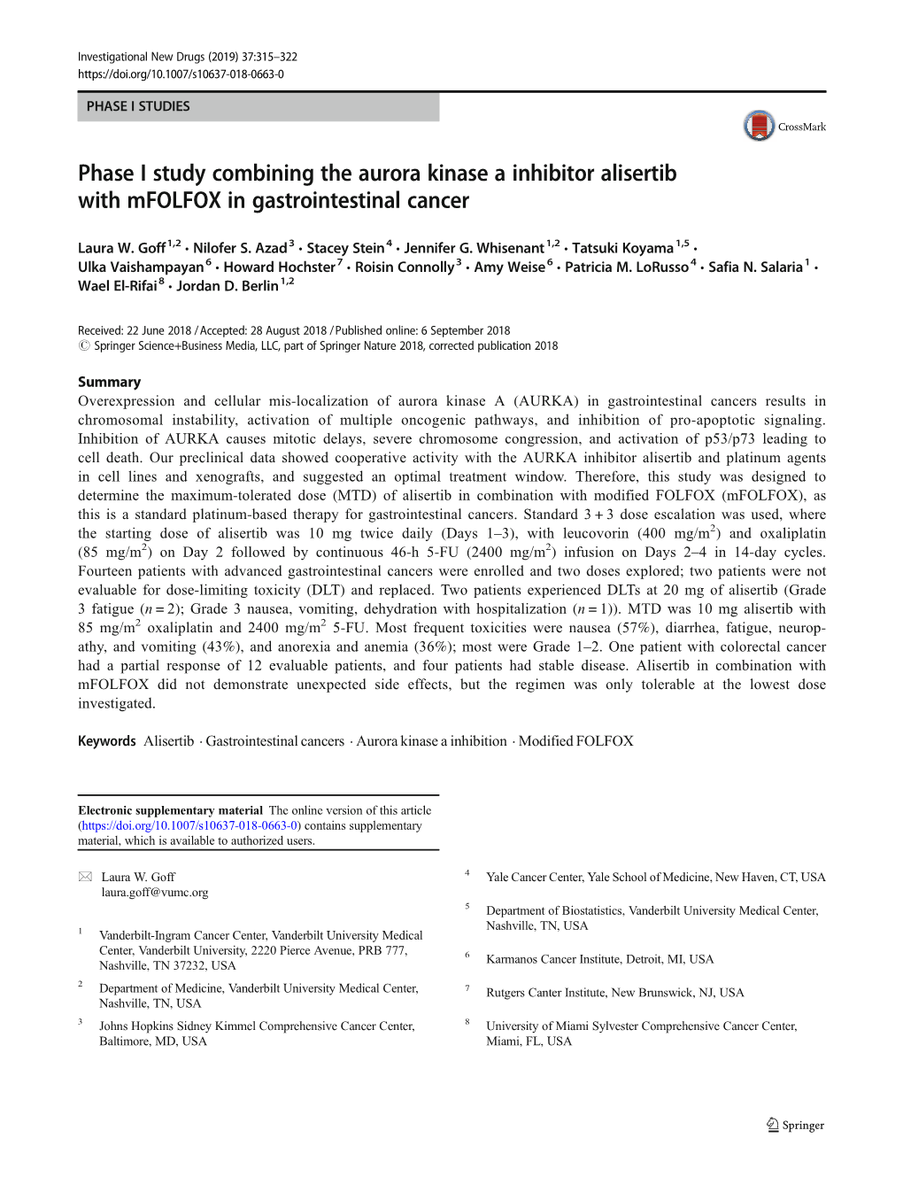 Phase I Study Combining the Aurora Kinase a Inhibitor Alisertib with Mfolfox in Gastrointestinal Cancer