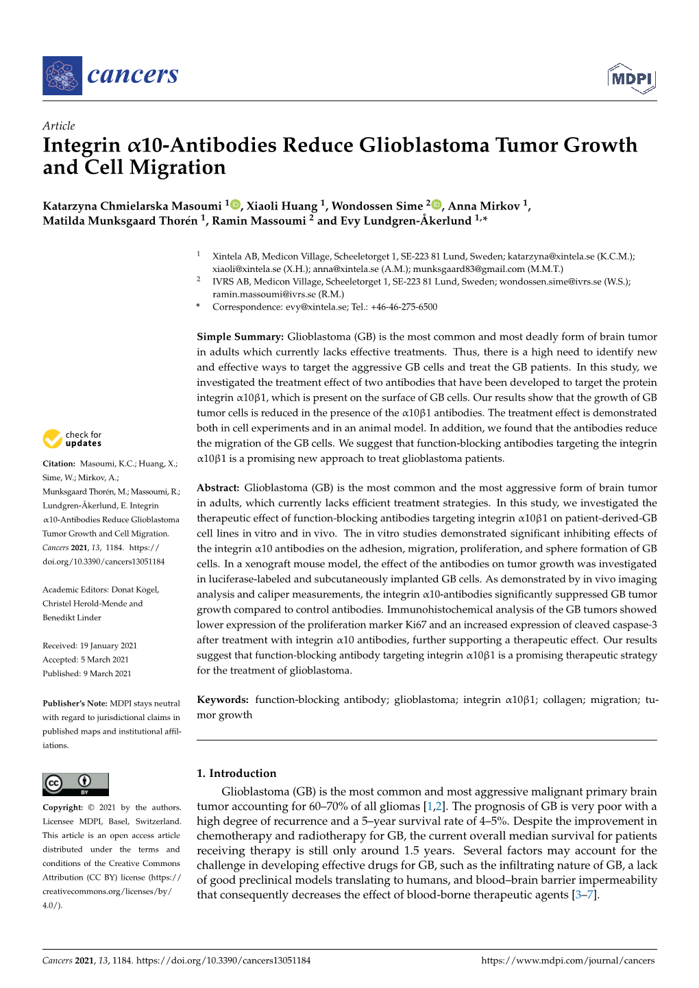 Integrin 10-Antibodies Reduce Glioblastoma Tumor Growth And