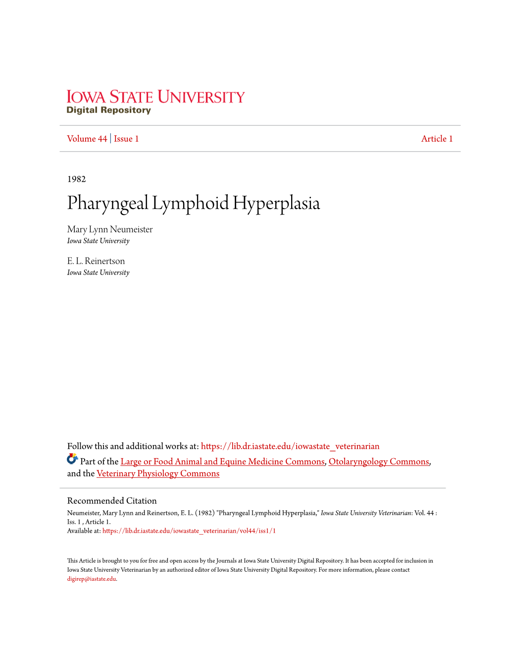 Pharyngeal Lymphoid Hyperplasia Mary Lynn Neumeister Iowa State University
